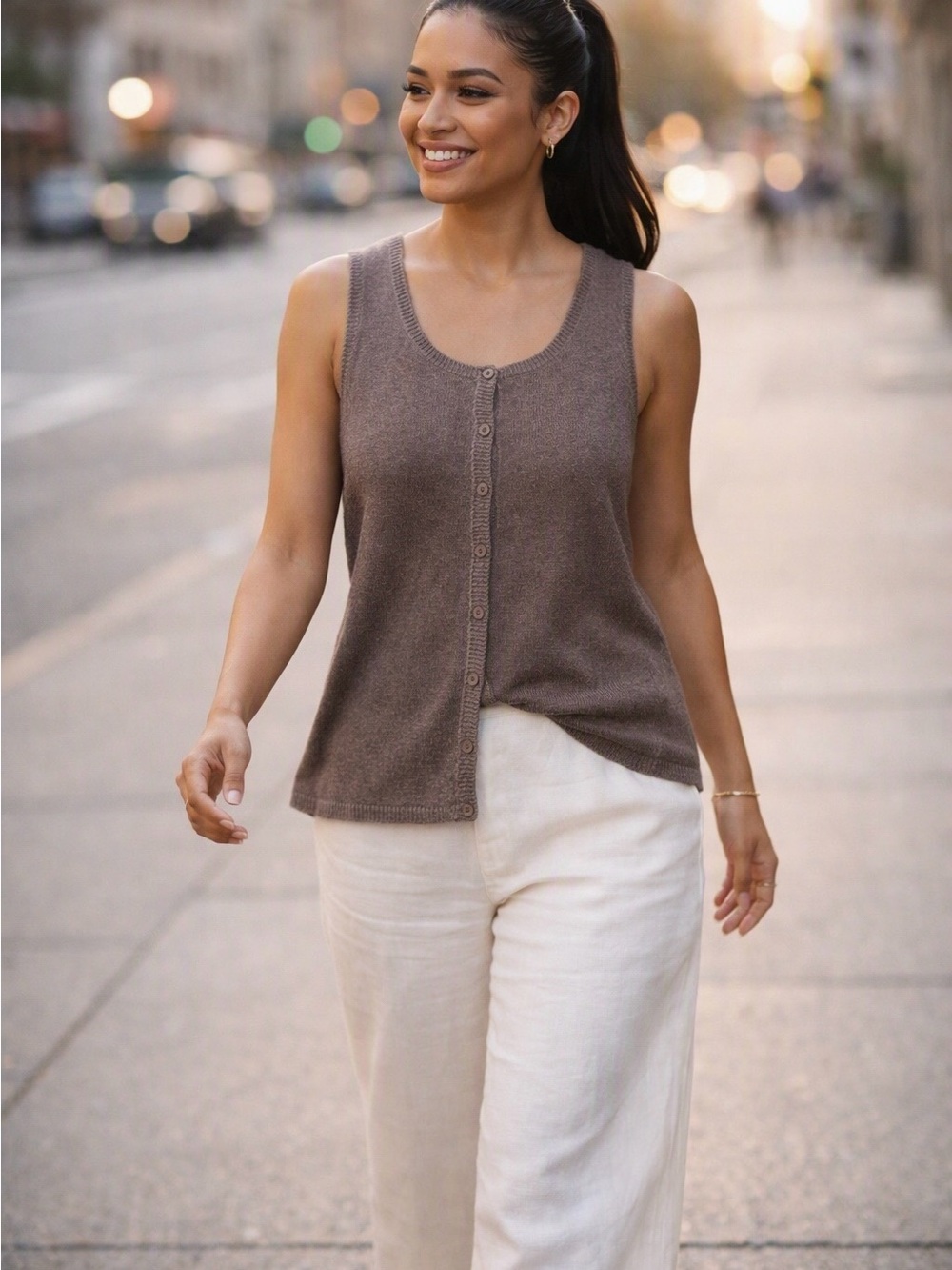 Eileen Fisher Petite Brown Sleeveless Button-Front Sweater Tank - PM